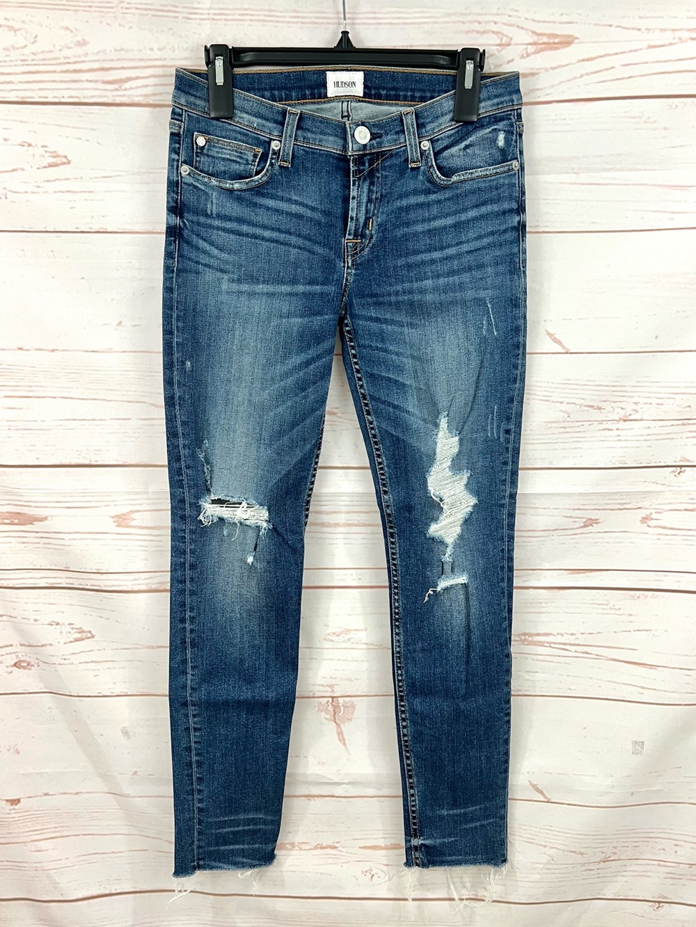 Hudson Low Rise Tally Crop Distressed Skinny Raw Hem Jeans 28